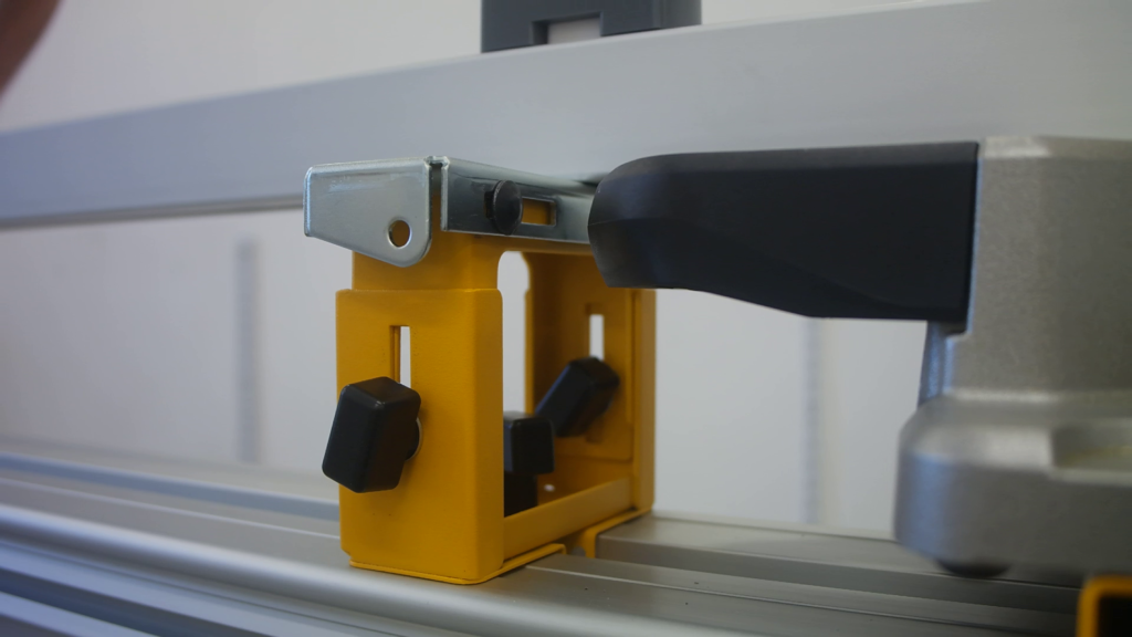 Height-adjusted DeWALT work support mounted on a portable miter saw stand with Pedante Digital Miter Saw Fence placed on it.