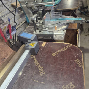 Pedante automatic length stop system integrated into miter saw setup for wooden noise barrier production in Latvia